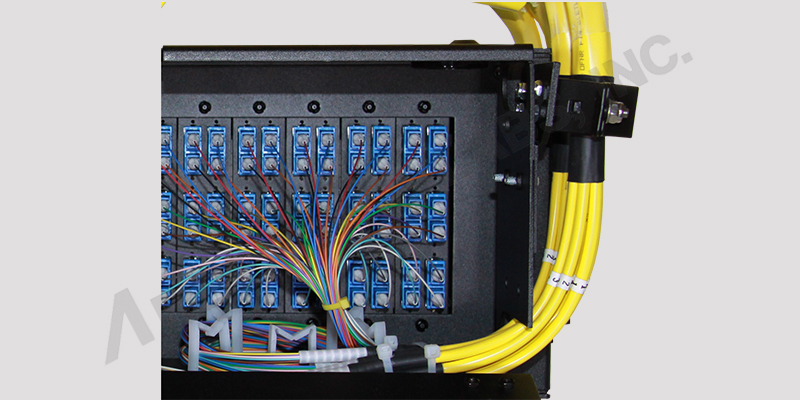 Close-up of Back of Pre-Assembled 144 Port Rack Mount Termination Box with Splicing & Pigtails