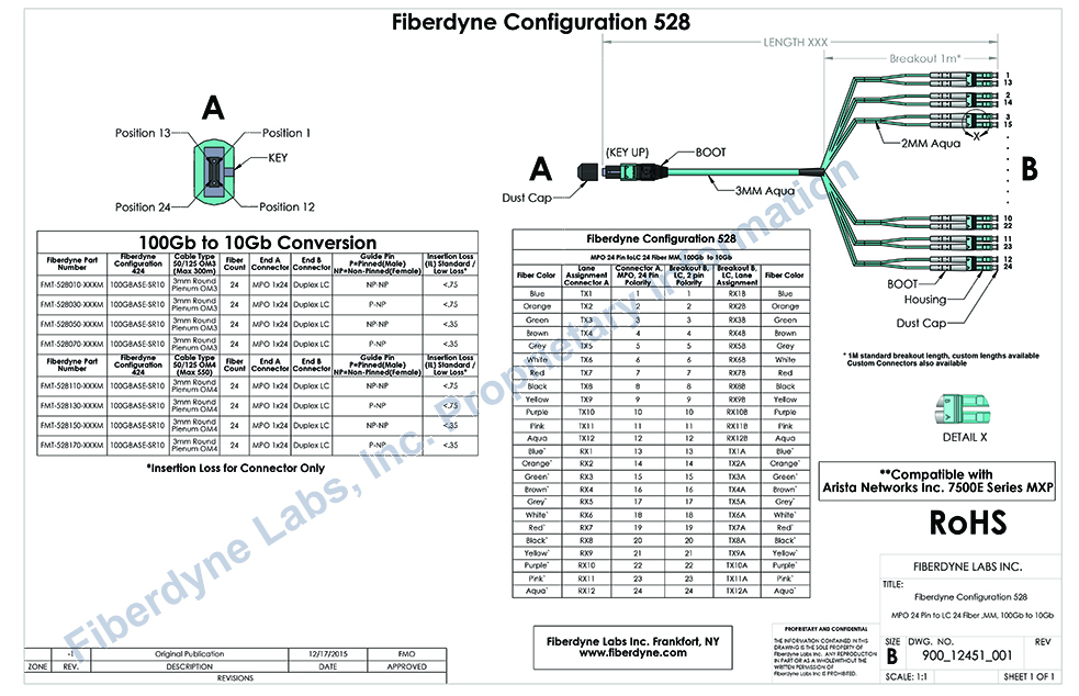 Configuration 528 (Arista Compatible) MPO 24 Pin to LC 24 Fiber MM 100G to 10G
