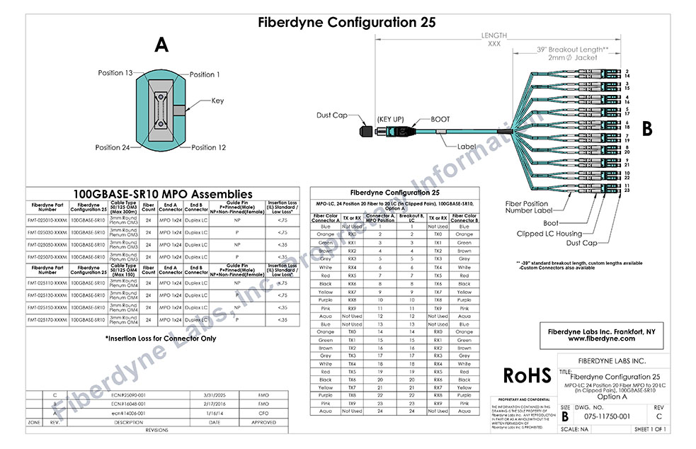 Configuration 25 MPO-LC, 24 Pin 20 Fiber to 20 LC, 100GBase-SR10, Option A, 2mm Breakout